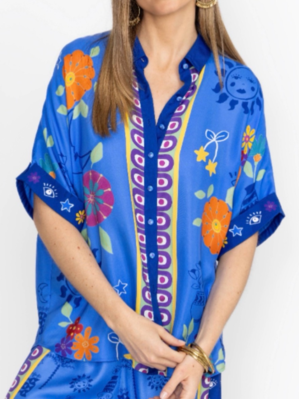 Johnny Was Vibrant Blue Floral Button-Front Blouse